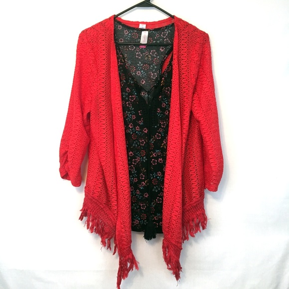 No Boundaries Tops - Open Lace Fringe Cardigan Floral Top Twin Set